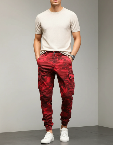 Pantalon Cargo Rouge Camouflage Homme Coton Jogger