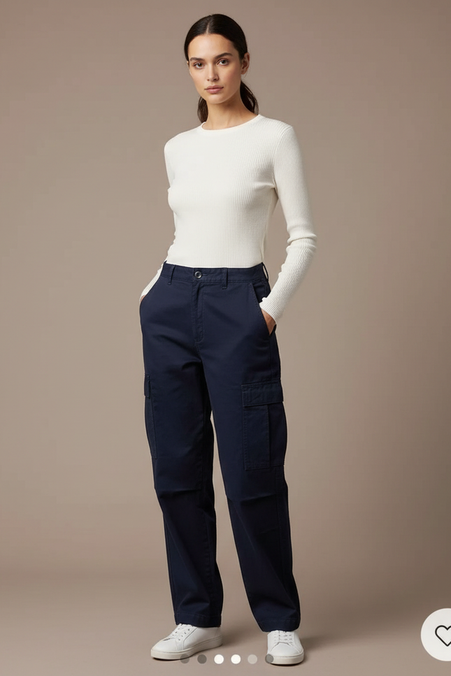 Pantalon Cargo Bleu Marine Ample Décontracté Femme - Gabardine