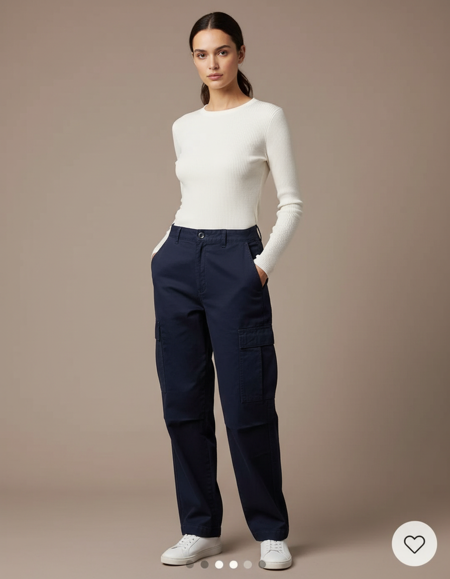 Pantalon Cargo Bleu Marine Ample Décontracté Femme - Gabardine
