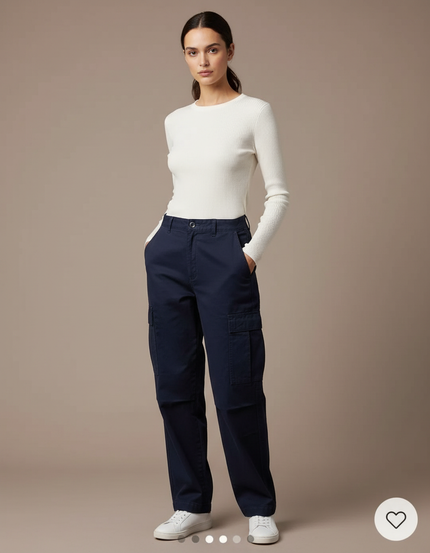 Pantalon Cargo Bleu Marine Ample Décontracté Femme - Gabardine