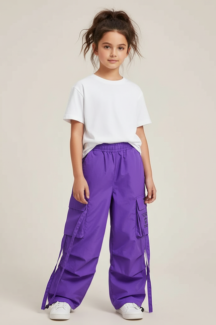 Pantalon Cargo Violet Ample Sangles Fille - Polyester