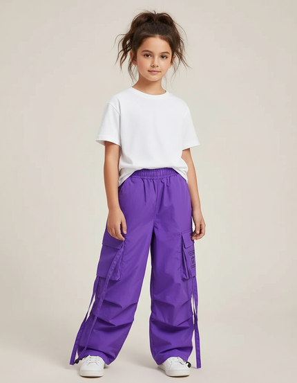 Pantalon Cargo Violet Ample Sangles Fille - Polyester
