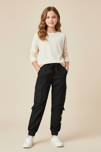 Pantalon Cargo Noir Décontracté Jogger Multipoches Enfant - Toile