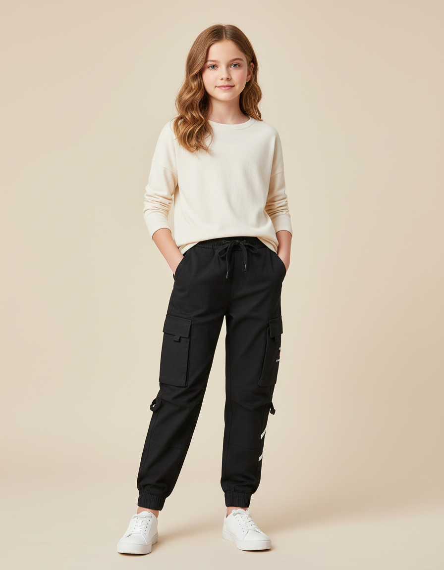 Pantalon Cargo Noir Décontracté Jogger Multipoches Enfant - Toile