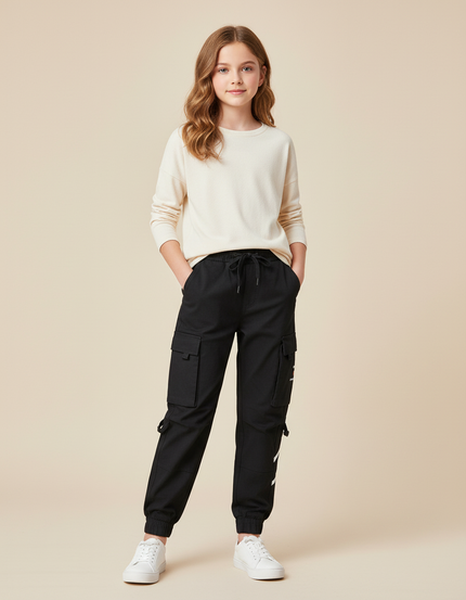 Pantalon Cargo Noir Décontracté Jogger Multipoches Enfant - Toile