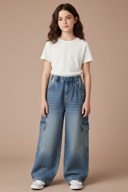 Pantalon Cargo Denim Bleu Ample Élastique Fille - Jean
