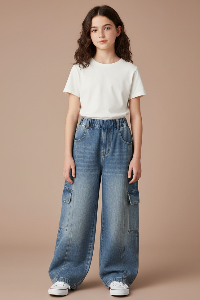 Pantalon Cargo Denim Bleu Ample Élastique Fille - Jean