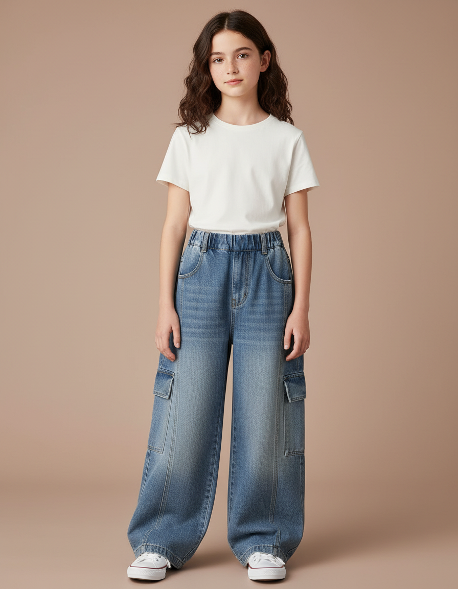 Pantalon Cargo Denim Bleu Ample Élastique Fille - Jean