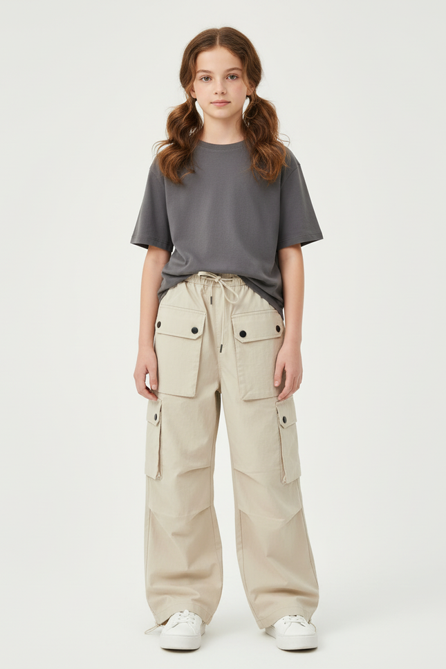 Pantalon Cargo Beige Ample Multipoches Fille - Toile