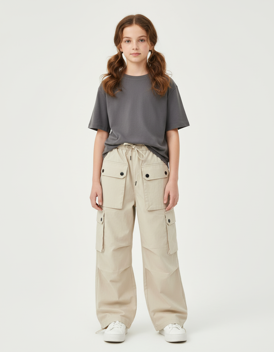 Pantalon Cargo Beige Ample Multipoches Fille - Toile