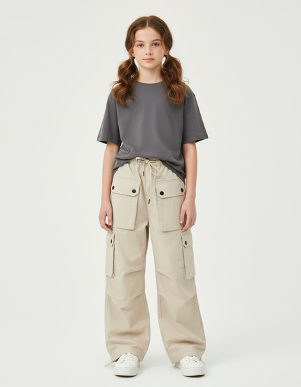 Pantalon Cargo Beige Ample Multipoches Fille - Toile