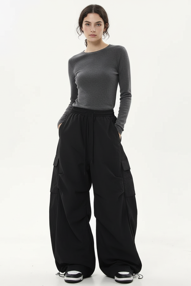 Pantalon Cargo Noir Ample Cordon Streetwear Femme - Polyester