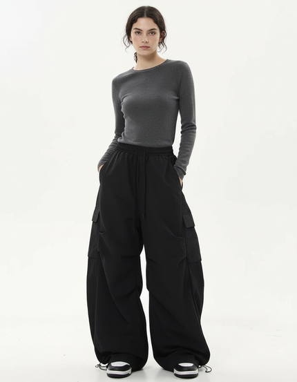Pantalon Cargo Noir Ample Cordon Streetwear Femme - Polyester