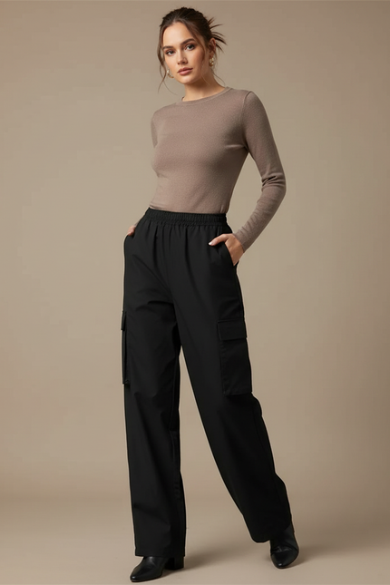 Pantalon Cargo Noir Fluide Taille Haute Femme - Polyester