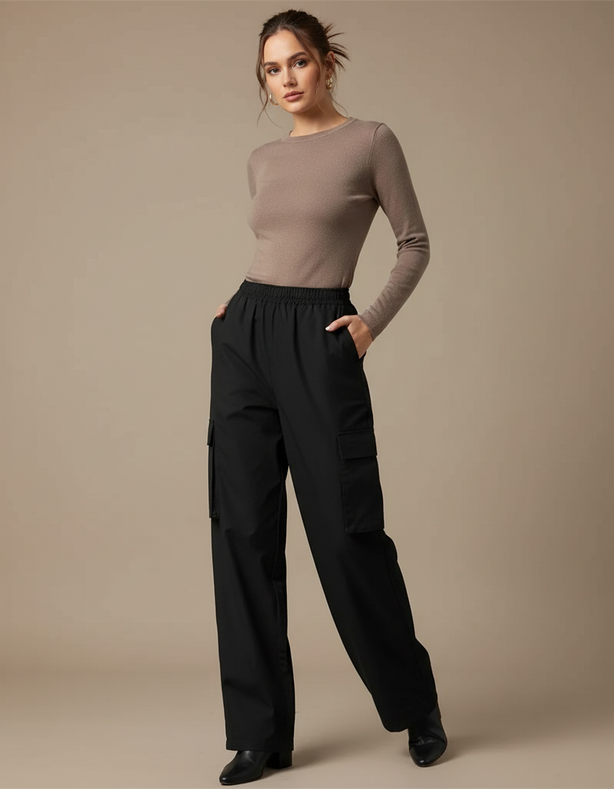 Pantalon Cargo Noir Fluide Taille Haute Femme - Polyester