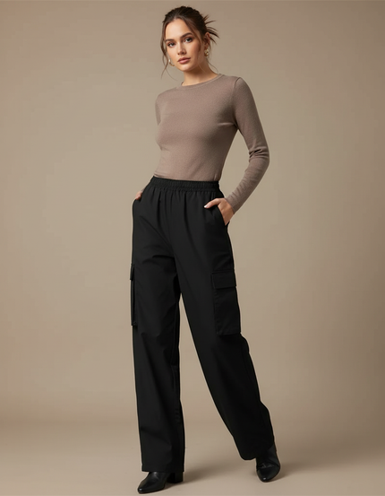 Pantalon Cargo Noir Fluide Taille Haute Femme - Polyester