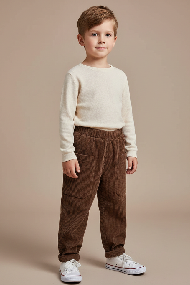 Pantalon Cargo Marron Côtelé Ample Enfant Décontracté - Cordé