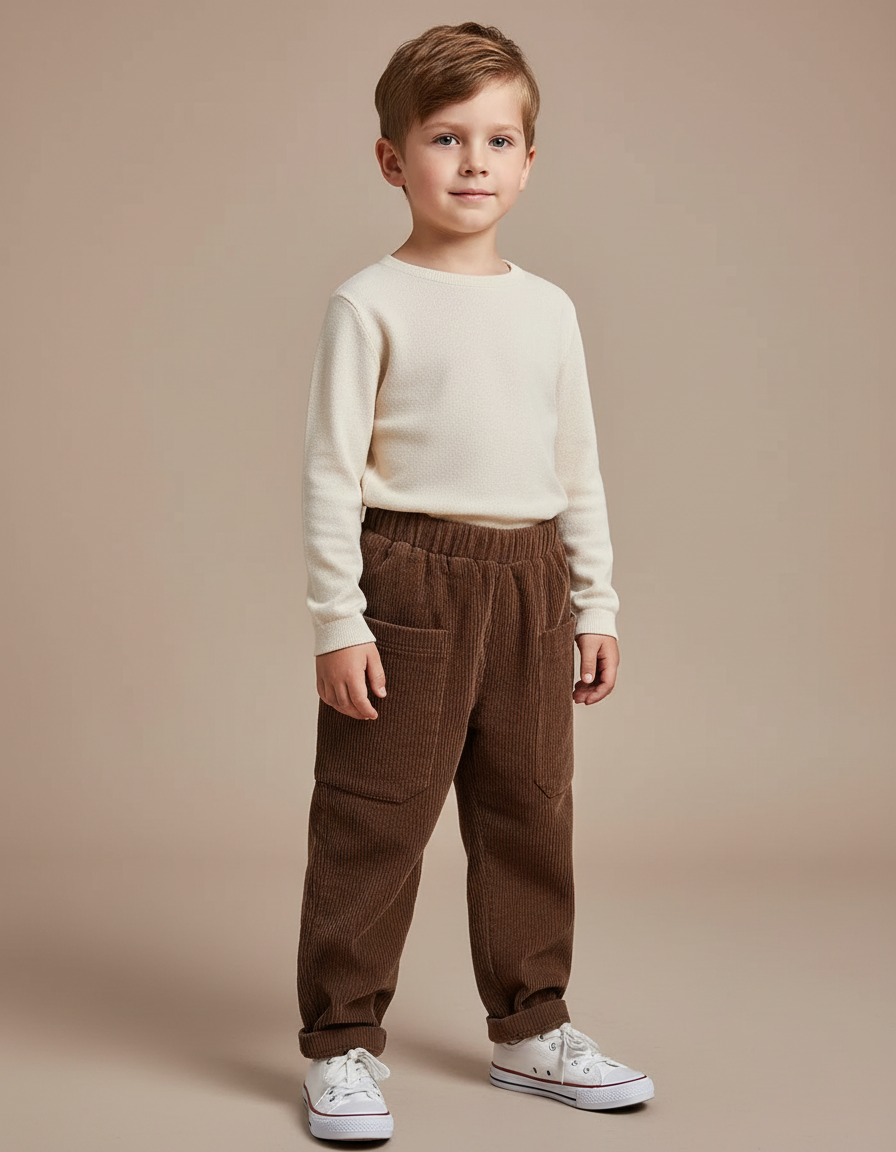Pantalon Cargo Marron Côtelé Ample Enfant Décontracté - Cordé