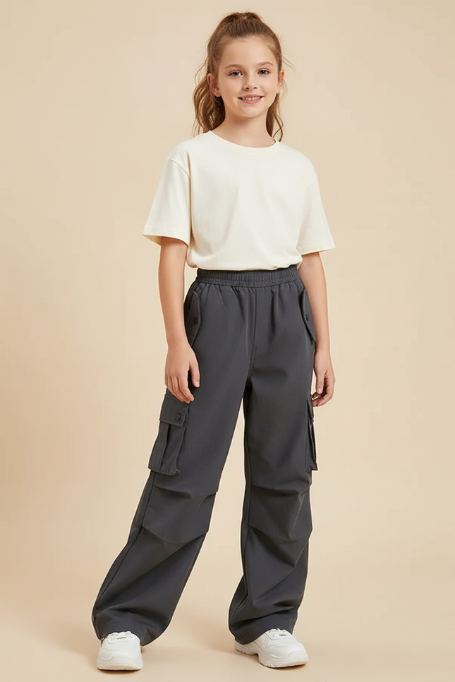 Pantalon Cargo Gris Ample Enfant Multipoches - Polyester