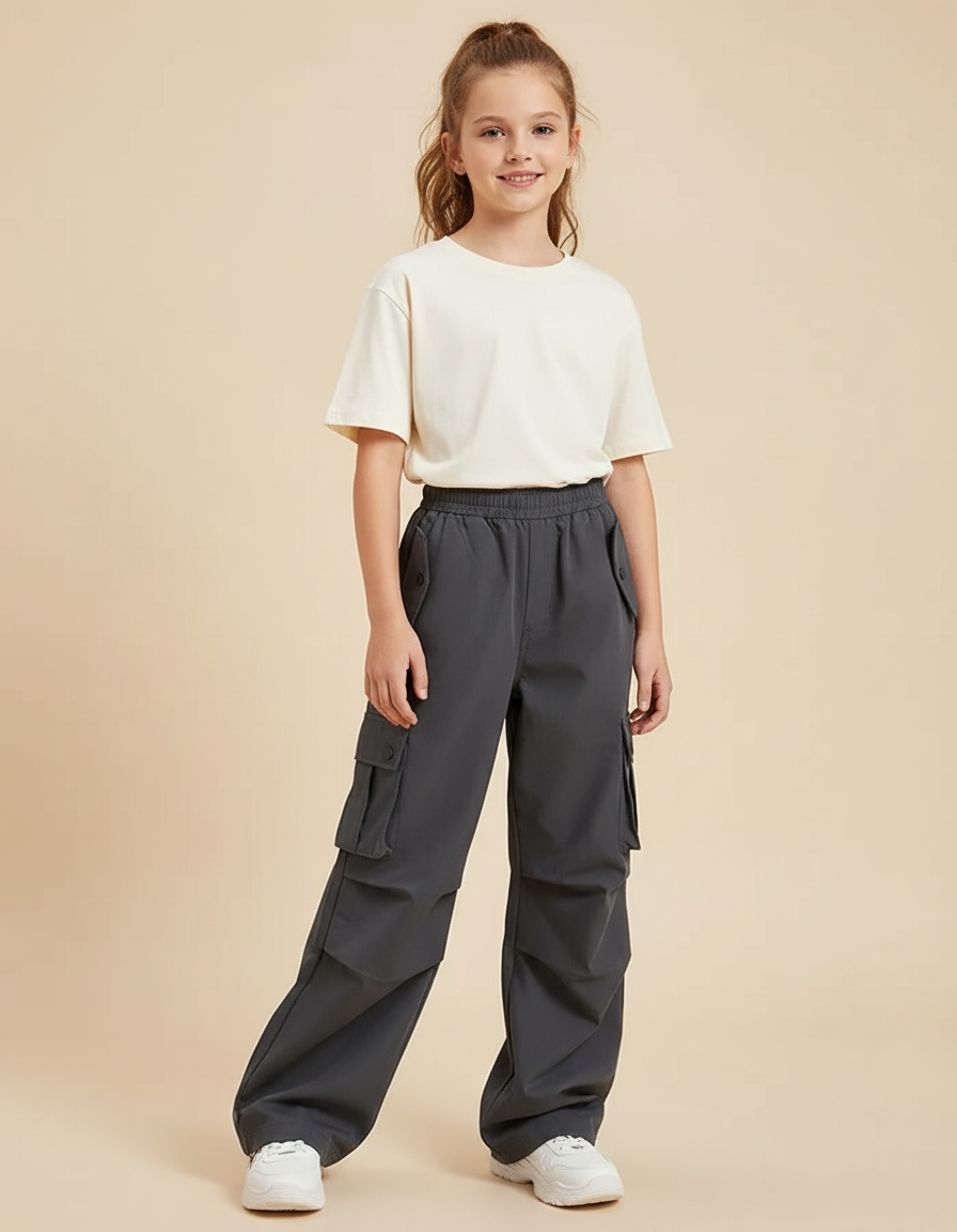 Pantalon Cargo Gris Ample Enfant Multipoches - Polyester