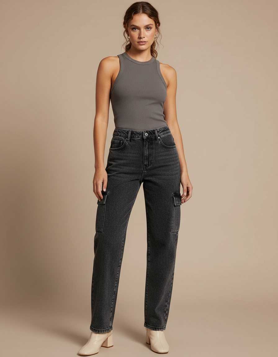 Pantalon Jeans Cargo Femme - Gris