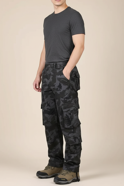 Pantalon Cargo Camouflage Noir Multipoches Coton Homme