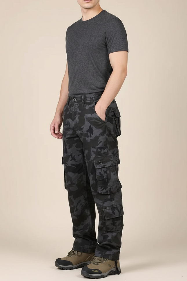Pantalon Cargo Camouflage Noir Multipoches Coton Homme