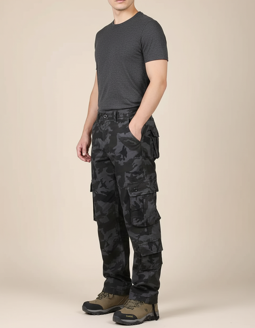 Pantalon Cargo Camouflage Noir Multipoches Coton Homme