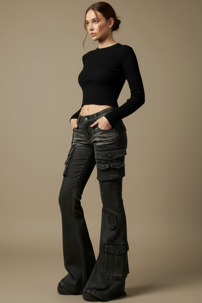 Pantalon Cargo Noir Délavé Multipoches Évasé Taille Basse - Jean