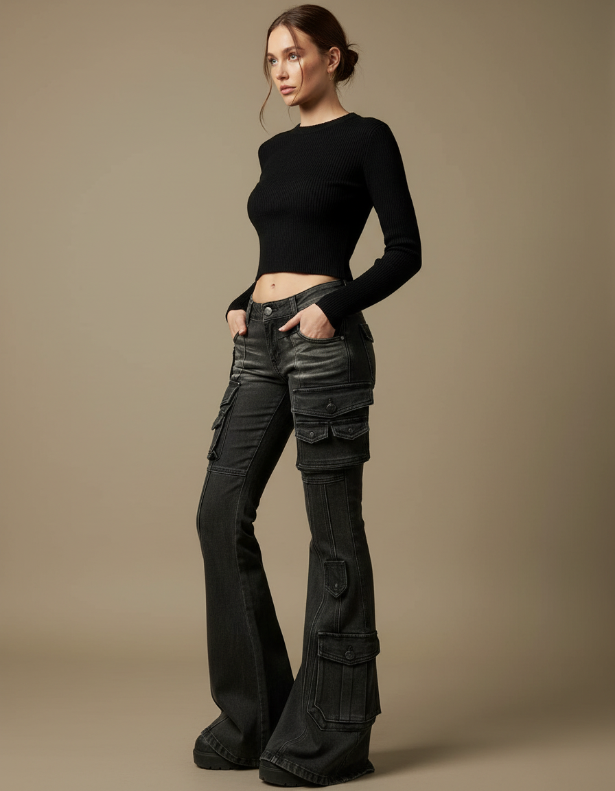 Pantalon Cargo Noir Délavé Multipoches Évasé Taille Basse - Jean