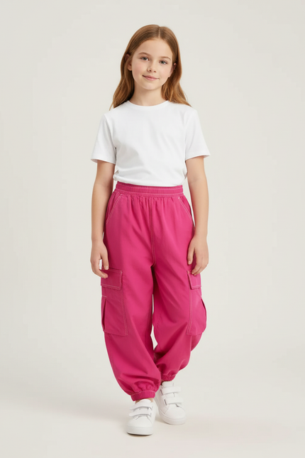 Pantalon Cargo Rose Ample Multipoches Fille Coton
