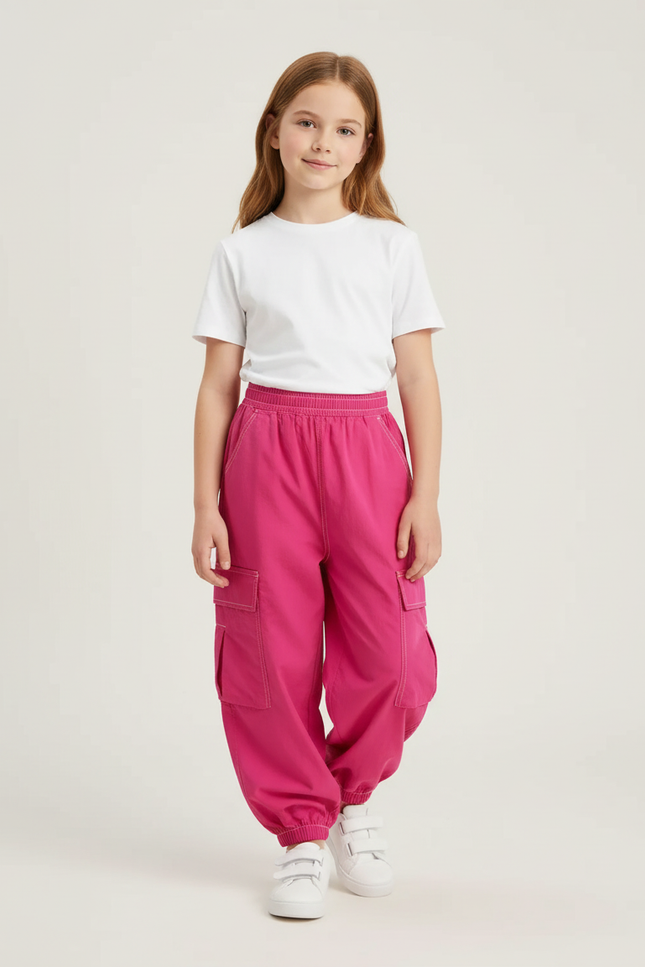 Pantalon Cargo Rose Ample Multipoches Fille Coton