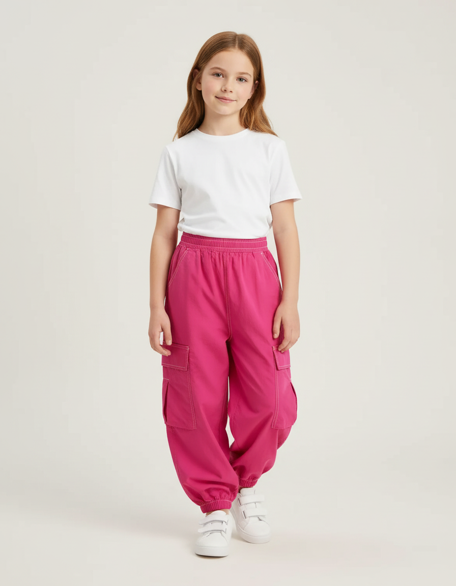 Pantalon Cargo Rose Ample Multipoches Fille Coton