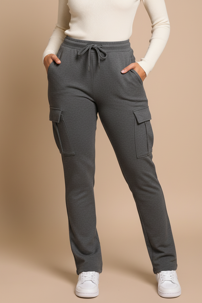 Pantalon Cargo Gris Molletonné Droit Poches Femme