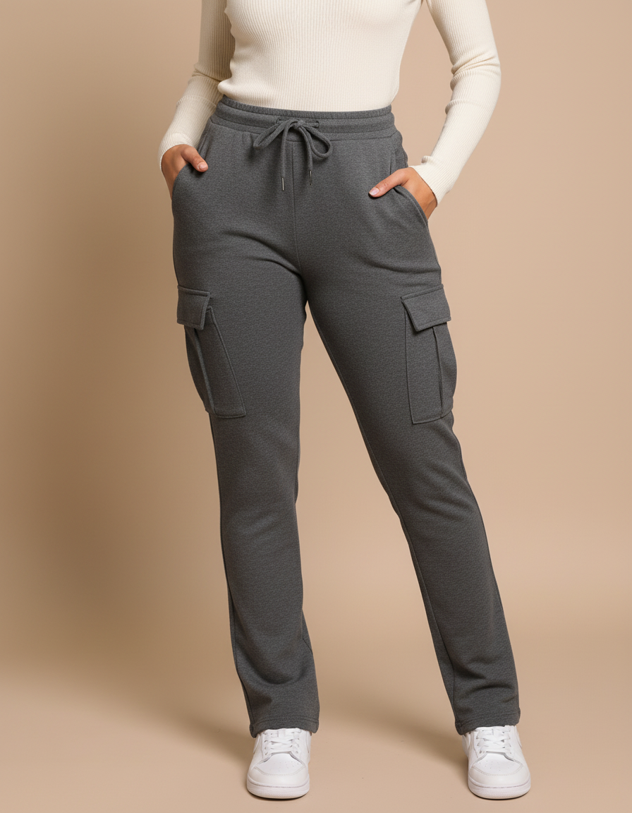 Pantalon Cargo Gris Molletonné Droit Poches Femme