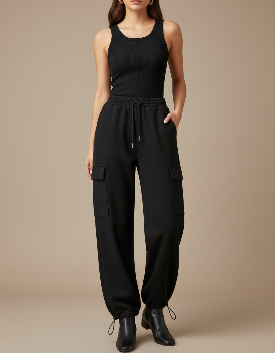 Pantalon Cargo Noir Ample Molletonné Sportif Femme
