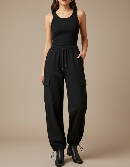 Pantalon Cargo Noir Ample Molletonné Sportif Femme