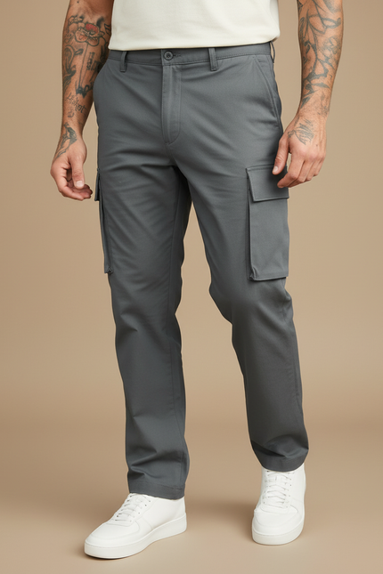Pantalon Cargo Gris Décontracté Droit Multipoches Homme - Polyester