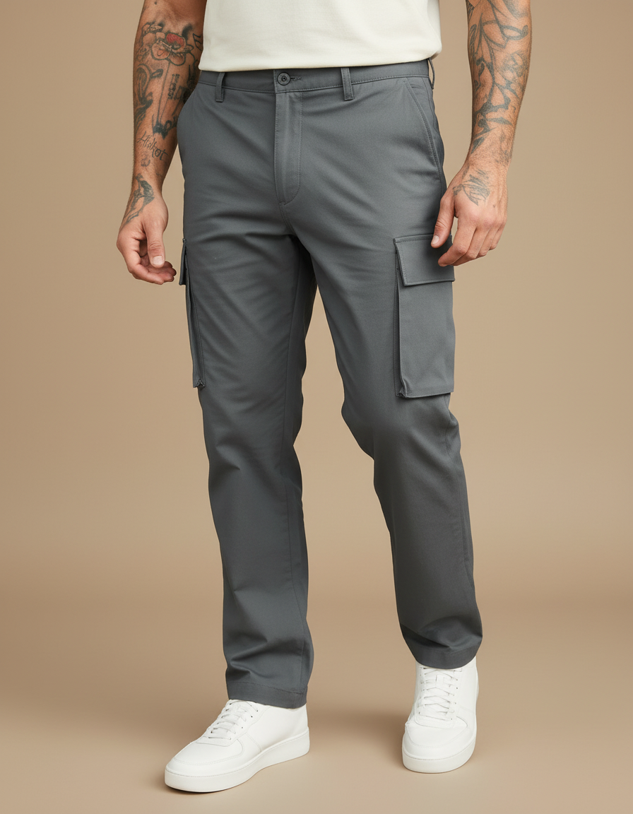 Pantalon Cargo Gris Décontracté Droit Multipoches Homme - Polyester