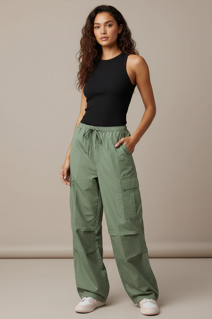Pantalon Cargo Vert Ample Décontracté Multipoches Femme - Kaki Polyester