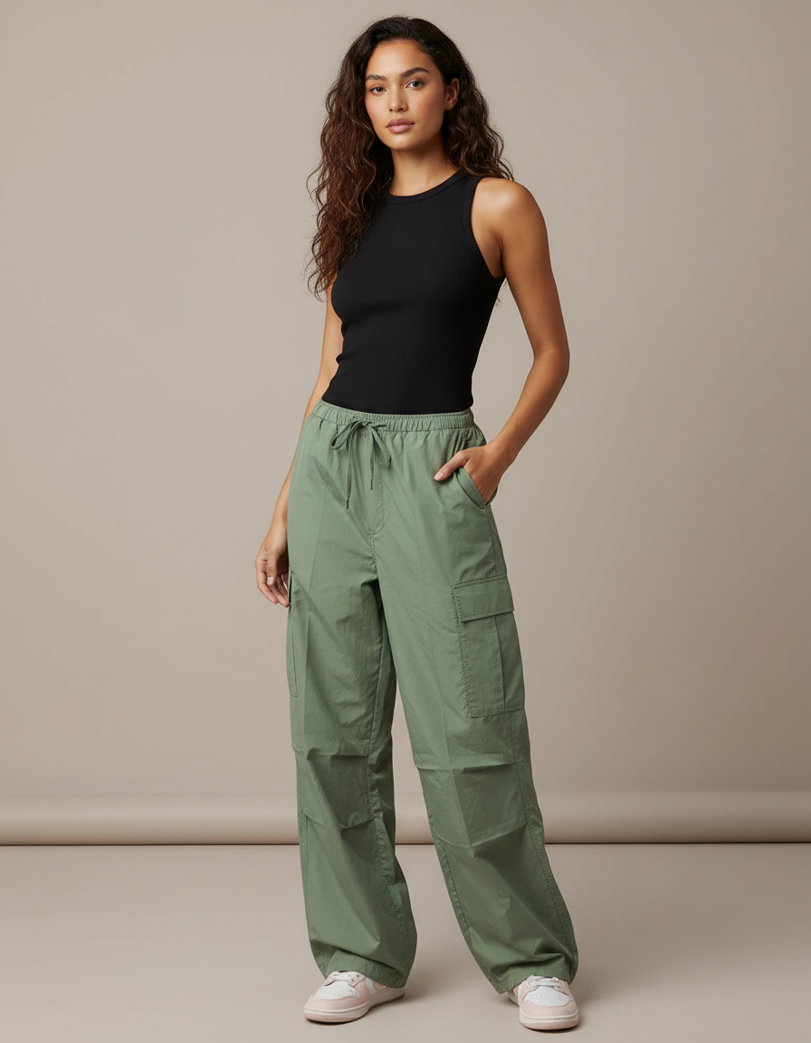 Pantalon Cargo Vert Ample Décontracté Multipoches Femme - Kaki Polyester