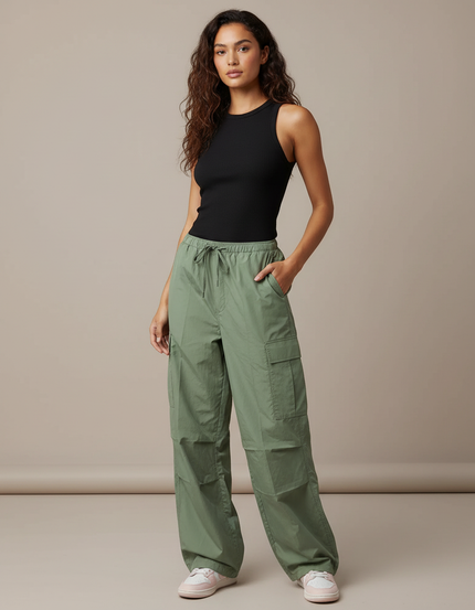 Pantalon Cargo Vert Ample Décontracté Multipoches Femme - Kaki Polyester