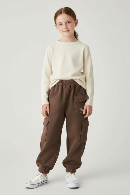Pantalon Cargo Marron Molleton Ample Multipoches Enfant
