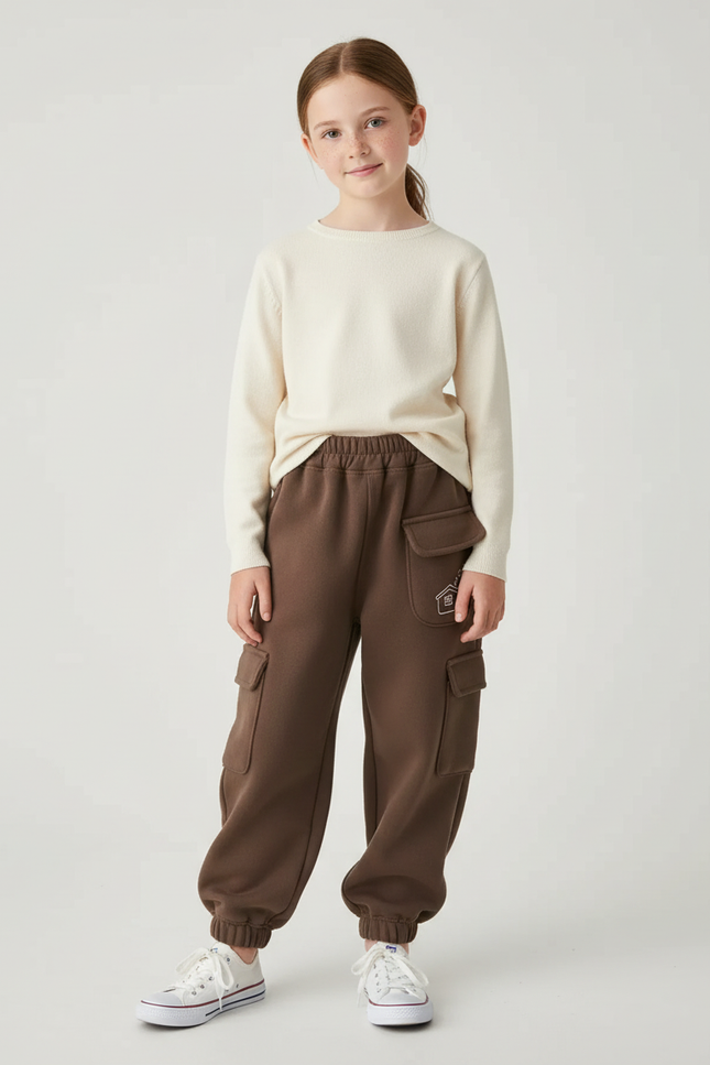 Pantalon Cargo Marron Molleton Ample Multipoches Enfant