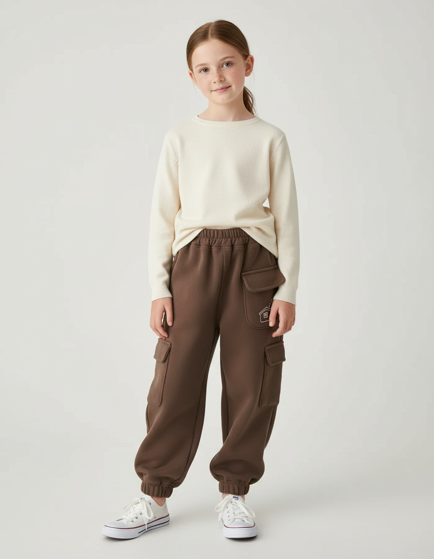 Pantalon Cargo Marron Molleton Ample Multipoches Enfant