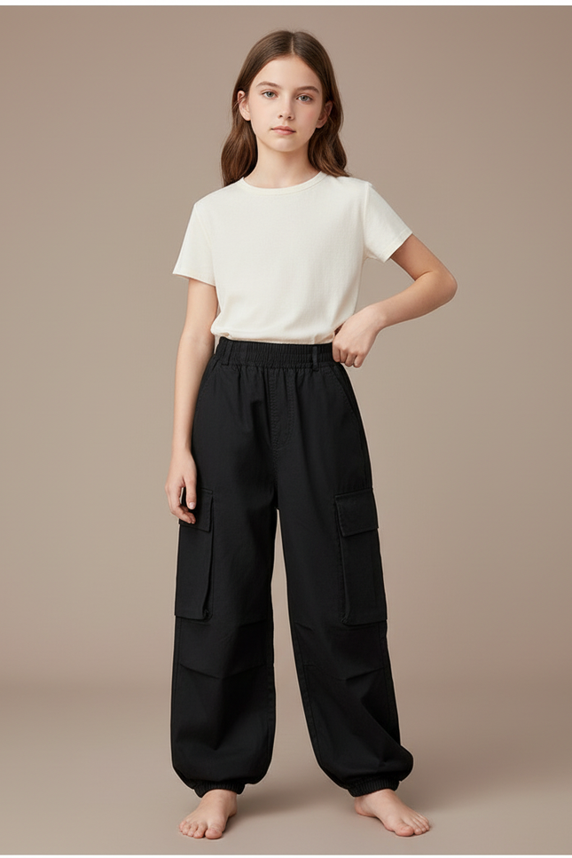 Pantalon Cargo Noir Ample Elastiqué Fille - Toile