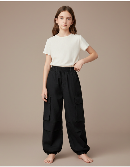 Pantalon Cargo Noir Ample Elastiqué Fille - Toile