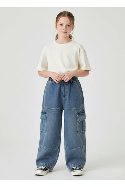 Pantalon Cargo Bleu Denim Ample Multipoches Enfant - Jean