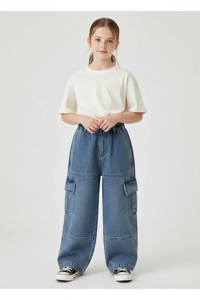 Pantalon Cargo Bleu Denim Ample Multipoches Enfant - Jean