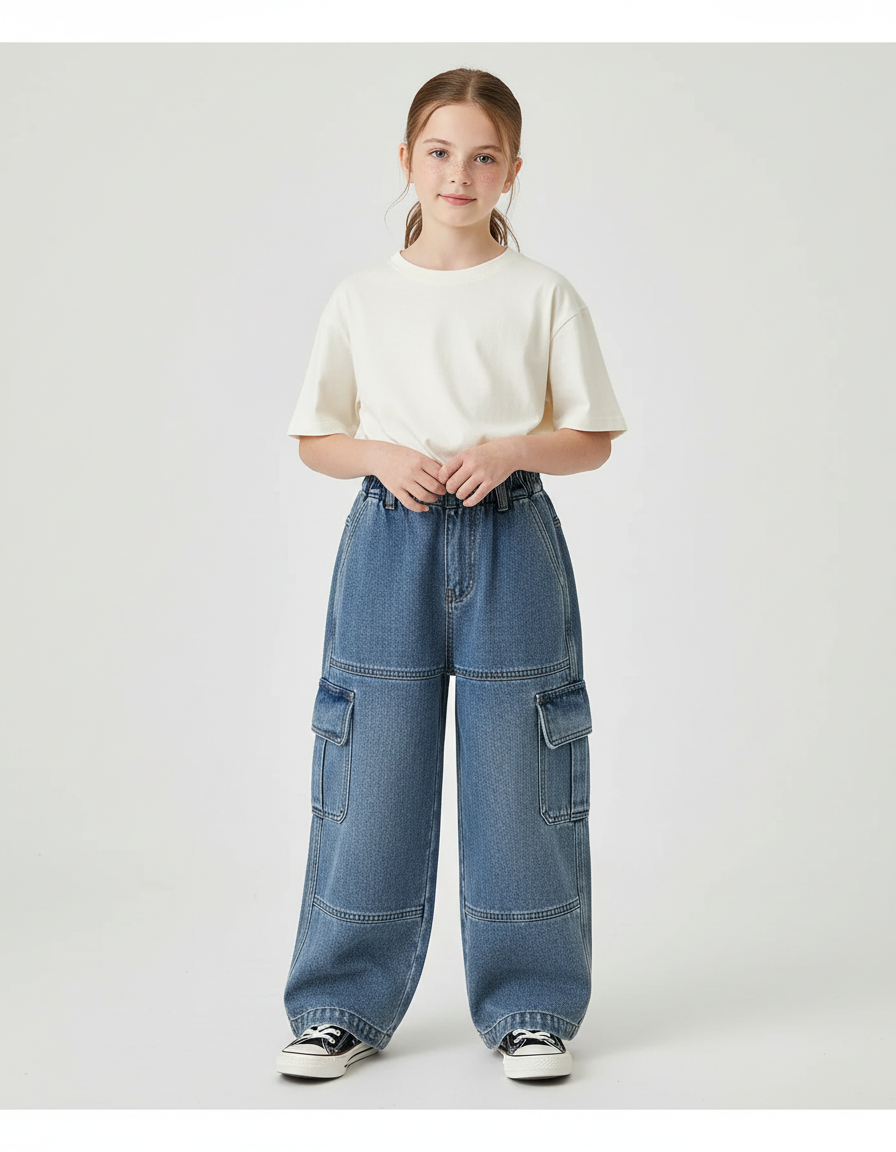Pantalon Cargo Bleu Denim Ample Multipoches Enfant - Jean